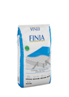 Vit och blå förpackning med texten "FINJA" och en illustration av betong.