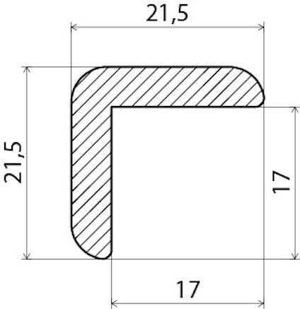 Ritning av en L-formad profil med mått: 21,5x21,5 mm ytterdimension, 17x17 mm innerdimension. Skraffering inom profilen.