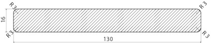Rektangulär del med avrundade hörn, mått 130x16 mm, radius R3.