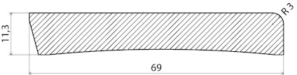 Ritad profil i genomskärning med måtten 11.3 och 69 mm samt en radie R3.