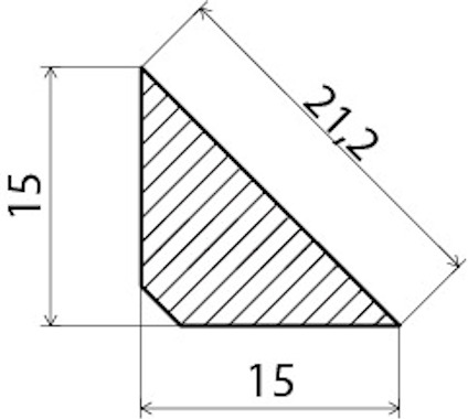 Ritning av en rätvinklig triangel med sidorna 15 och 21,2 markerade, diagonalen är skraffering.