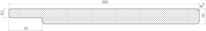 Ritning av en tvärsnittsprofil med måtten 35x95x200 mm, markerat med diagonala linjer.