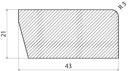 Ritad rektangel med diagonalt streckskuggad yta, mått 21 och 43, samt hörnradie R3.