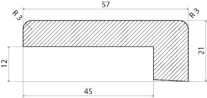 Tvärsnitt av en L-formad komponent med måtten 57x21 mm. Hörnradie R3, med inre segment 45x12 mm.
