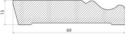 Snitt av profilerat material med måtten 15 mm i höjd och 69 mm i bredd, visar varierad form.