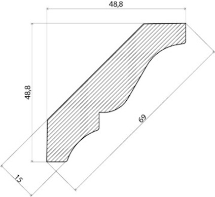 Svartvitt diagram av en profilerad list med diagonala streckade linjer.