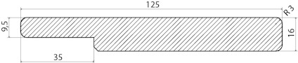 Teknisk ritning av en skivprofil med måtten 95x125 mm och 35x16 mm med en radie på 3 mm.