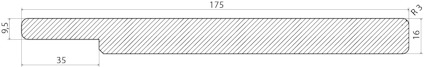 Tvärsnitt av en profil med mått: 95 x 35 mm och 175 x 16 mm. Skraverad yta.