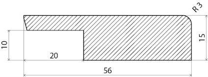Tvärsnitt av en profil med mått: 20x10mm, total längd 56mm, radie R3, höjd 15mm. Streckskuggning i en del.