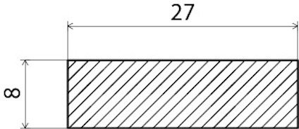 Rektangel med diagonala streck. Måtten är 27 enheter i bredd och 8 enheter i höjd.