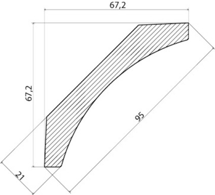 Ett svart böjt streck med diagonala ränder mot en vit bakgrund.