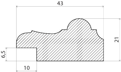 Tvärsnitt av profilerad trälist med måtten 43x21 mm och en del på 6,5x10 mm.