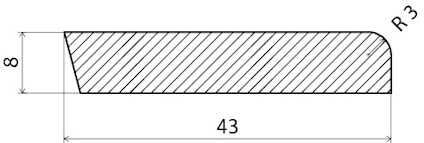 Tvärsnitt av en rektangulär bit med fasad kant, mått: 43 x 8, radie 3.