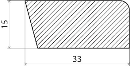 Ritning av rektangulär sektion med snedskuren kant och måtten 15 och 33 markerade.