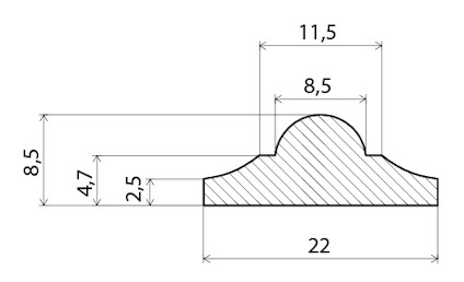 Tvärsnitt av en profil med måtten: bredd 22, höjd 8,5, och en markerad sektion.