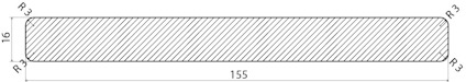 Rektangel med mått: bredd 155, höjd 16, avrundade hörn R=3, diagonalt skraffering.