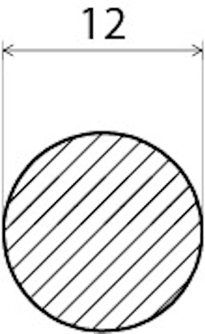 Cirkelformad sektion med diagonala linjer, diameter anges som 12.
