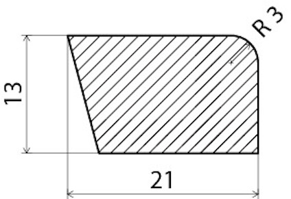 Tvärsnitt av en rektangulär komponent med måtten 13x21 mm och hörnradie R3.