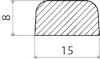 Tvärsnitt av en halvcirkelformad struktur, 8 enheter hög, 15 enheter bred, med diagonala skrafferingar.