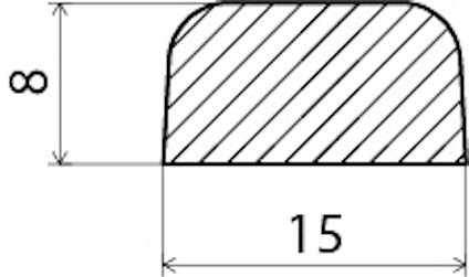 Tvärsnitt av en halvcirkelformad struktur, 8 enheter hög, 15 enheter bred, med diagonala skrafferingar.