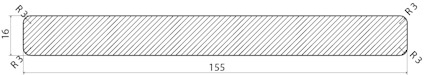 Rektangel med snedstreckad fyllning, rundade hörn och mått: 155x16, radie R3.