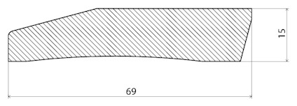 Skisserad profil med diagonalt mönster, mått: bredd 69, höjd 15.