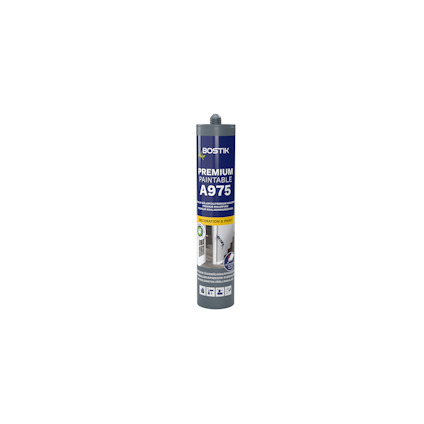 Bostik A975 akryl fogmassa, vit tub med blå och grå etikett, text: "Premium Paintable".