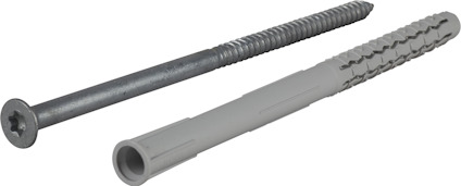 Metallskruv och plastplugg liggande bredvid varandra på en grå bakgrund.