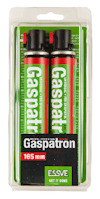 Två röda gaspatroner med gröna etiketter och texten "Gaspatron".