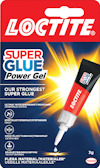Förpackning med Loctite Super Glue Power Gel, röd text på blå bakgrund, vit applikator.