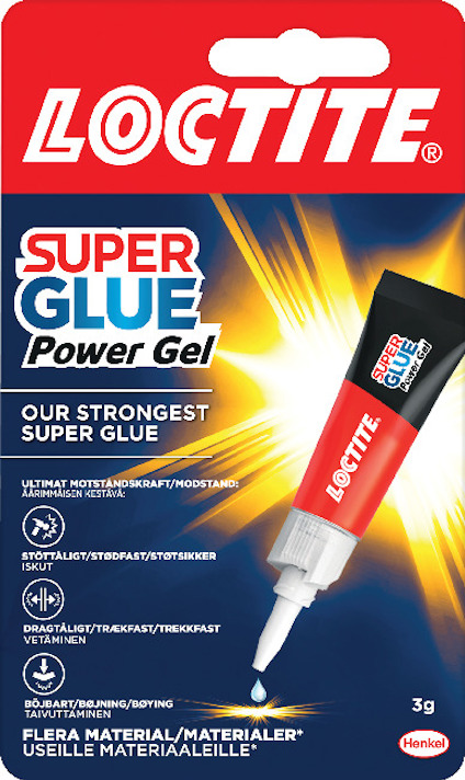 Förpackning med Loctite Super Glue Power Gel, röd text på blå bakgrund, vit applikator.
