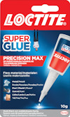 Förpackning av snabbhärdande lim "Loctite Super Glue Precision Max", med tub och appliceringsspets, innehåller text på flera språk.