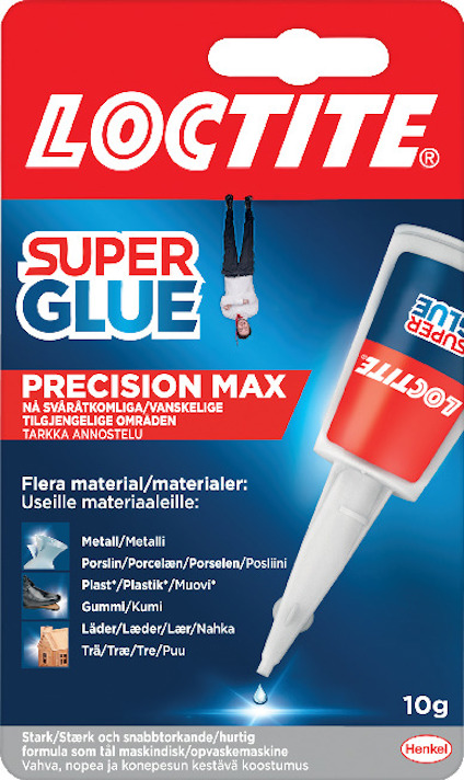 Förpackning av snabbhärdande lim "Loctite Super Glue Precision Max", med tub och appliceringsspets, innehåller text på flera språk.