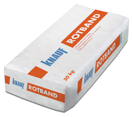 Förpackning för gipsspackel märkt "Knauf Rotband 20 kg," med röd och blå text på vit bakgrund.