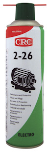 Sprayburk med grön etikett och röd text "CRC 2-26", illustration av motor, vitt munstycke på toppen.