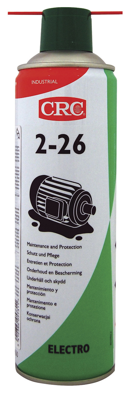 Sprayburk med grön etikett och röd text "CRC 2-26", illustration av motor, vitt munstycke på toppen.