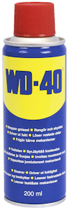 Sprayburk med blå etikett, gul WD-40-logotyp och röd kork, innehåller text på flera språk.