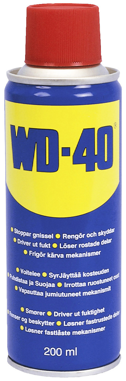 Sprayburk med blå etikett, gul WD-40-logotyp och röd kork, innehåller text på flera språk.
