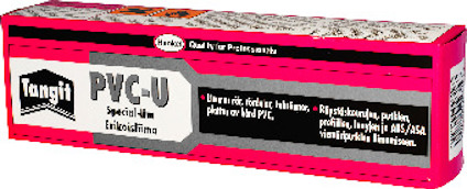 Förpackning av Tangit PVC-U special-lim med text om användning.