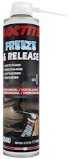 Sprayburk med texten "LOCTITE FREEZE & RELEASE", "ROSTLÖSARE" och "-43°C". Bild på en hand som sprayar på metall.