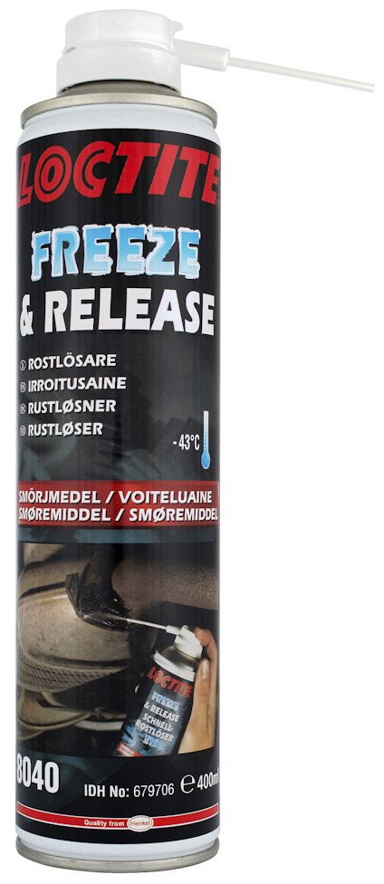 Sprayburk med texten "LOCTITE FREEZE & RELEASE", "ROSTLÖSARE" och "-43°C". Bild på en hand som sprayar på metall.
