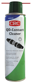 Sprayburk med grön etikett märkt "CRC QD-Contact Cleaner" och illustration av kontaktstycke.