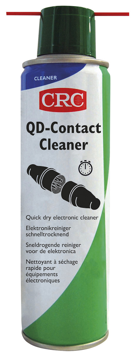 Sprayburk med grön etikett märkt "CRC QD-Contact Cleaner" och illustration av kontaktstycke.