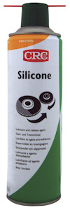 Sprayburk med grön och vit etikett, märkt "CRC Silicone" med instruktionstext på flera språk.