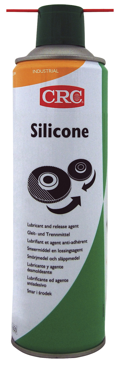Sprayburk med grön och vit etikett, märkt "CRC Silicone" med instruktionstext på flera språk.