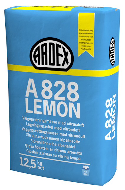 Förpackning av Ardex A828 Lemon väggspackel med citrusdoft, 12,5 kg, med text på flera språk.