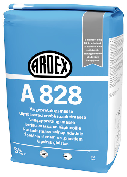 Blå förpackning av "ARDEX A 828" väggspackel med vit och svart text samt produktinformation.