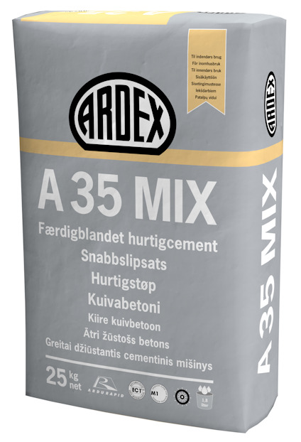 Påsen har texten "ARDEX A35 MIX" och "25 kg" i stora bokstäver, samt information på flera språk.