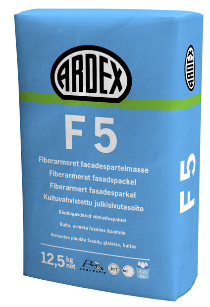 Förpackning med blått ARDEX F5 väggspackel och texter på flera språk, väger 12,5 kg.