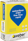 Vit och gul säck med texten "weberfloor 4160 fine flow rapid" samt "Finavjämning snabb".